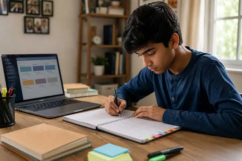 Indian student writing a weekly study planner beside a laptop with an online course interface at a home study desk