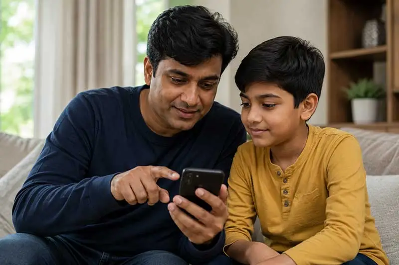 Parent and child looking at a phone screen time settings screen together