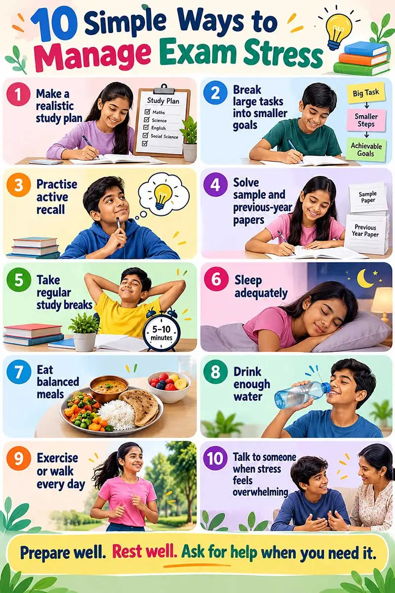 10 simple ways to manage exam stress infographic for students, covering study planning, sleep, nutrition, exercise, hydration, and support.