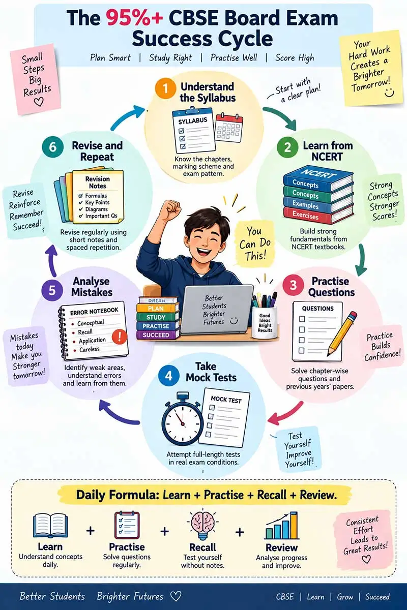 95%+ CBSE board exam success cycle infographic with syllabus, NCERT learning, practice, mock tests, mistakes analysis, and revision