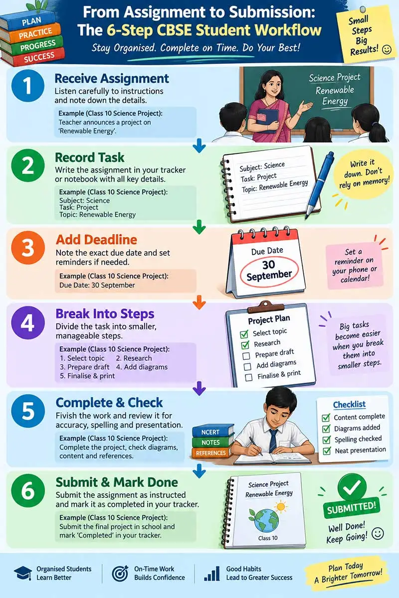 Vertical infographic showing six-step CBSE assignment workflow from receiving homework to completing, checking, and submitting work