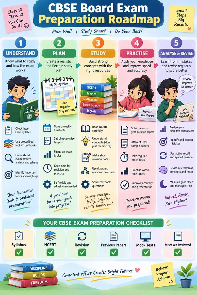 CBSE board exam preparation roadmap infographic showing study planning, NCERT revision, practice papers, mock tests, and mistake analysis.