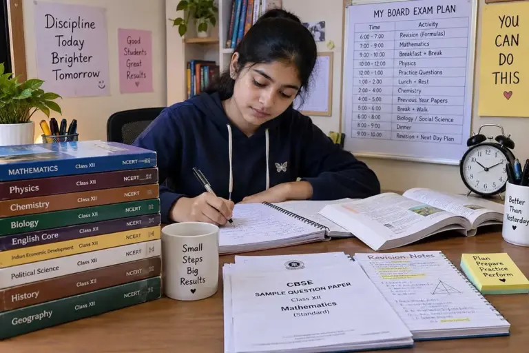 Indian student preparing for CBSE board exams with NCERT textbooks, revision notes, sample papers, timetable, and study clock.