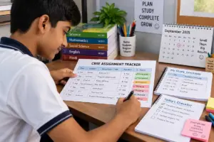 CBSE student using a printed assignment tracker with NCERT textbooks, timetable, worksheets, pens, and calendar
