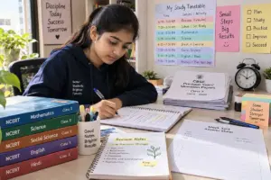 CBSE student studying with NCERT textbooks, revision notes, timetable, previous-year papers, and mock-test materials