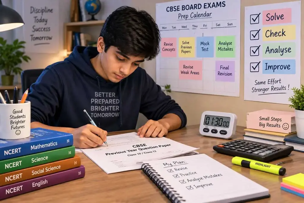 CBSE student solving previous year question paper with timer, NCERT textbooks, study calendar, and exam preparation checklist.