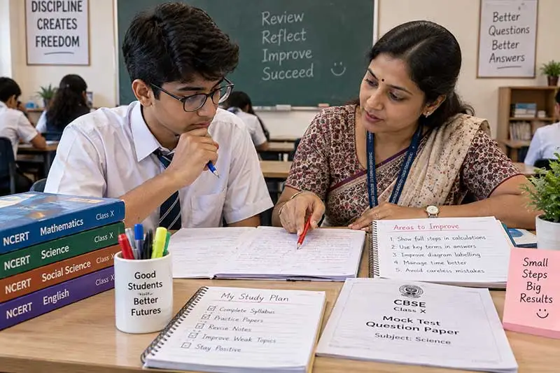 Indian Class 10 student reviewing a CBSE mock test with a teacher, NCERT books, correction notes, and study planner