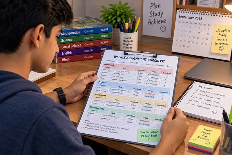 Indian Class 10 student reviewing a weekly assignment checklist with NCERT textbooks, projects, worksheets, practical files, and deadlines