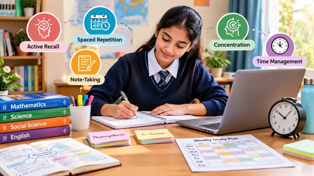 Indian school student studying with textbooks, flashcards, notes, laptop, study timetable, and visual study techniques