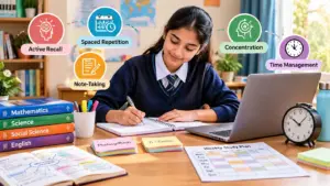 Indian school student studying with textbooks, flashcards, notes, laptop, study timetable, and visual study techniques