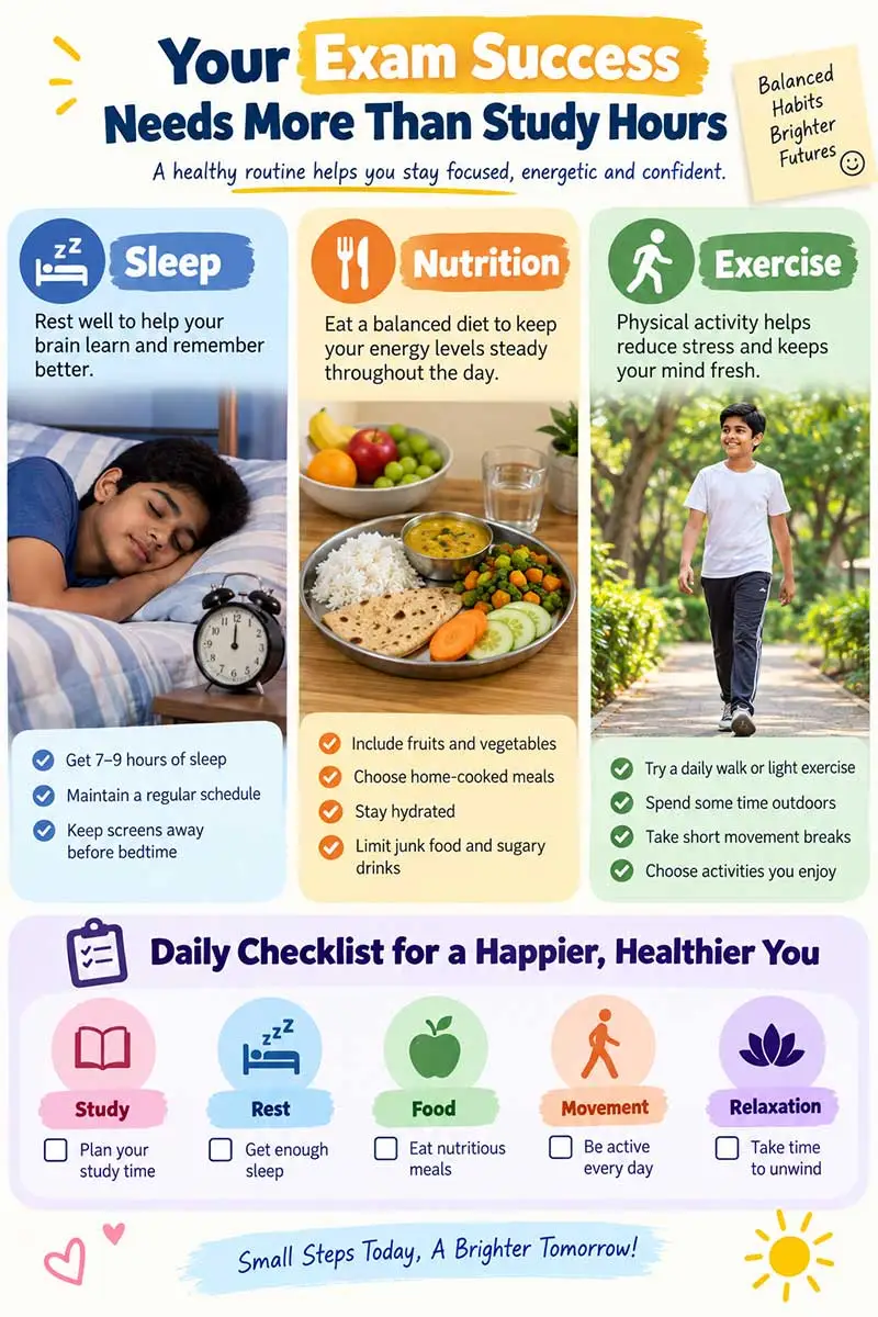 Exam success infographic highlighting sleep, balanced nutrition, exercise, and a daily checklist for students.
