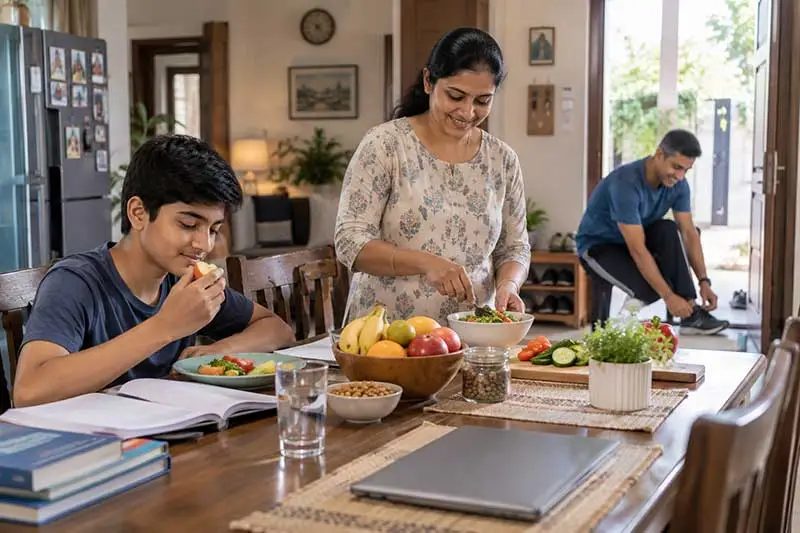 Indian family preparing healthy snacks during exam season, with fruit, roasted chana, water, and a student studying.
