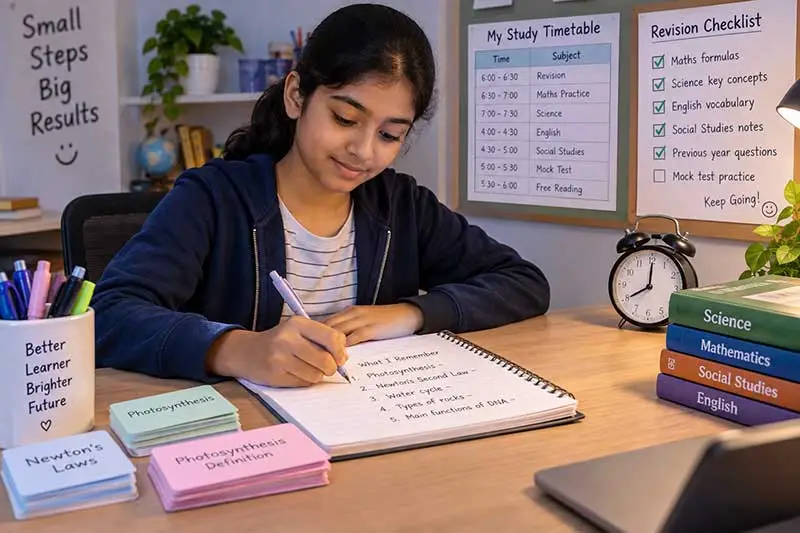 Indian student practicing active recall by writing answers from memory at a study desk with flashcards and revision checklist