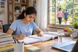 Indian school student preparing for CBSE exams at a study desk with books, notes, fruit, water, and a clock.