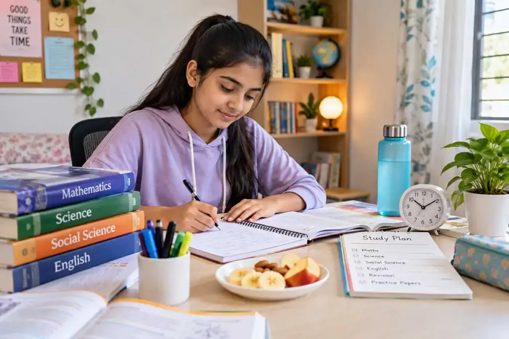 Indian student studying calmly at home with textbooks, notebook, water bottle, healthy snacks, clock, and study planner.