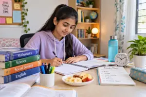 Indian student studying calmly at home with textbooks, notebook, water bottle, healthy snacks, clock, and study planner.