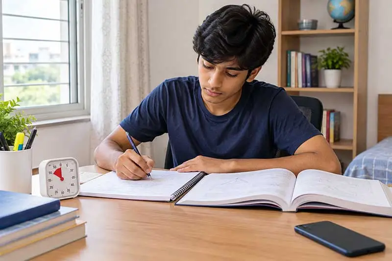 Indian Class 9–12 student solving Mathematics problems with a timer, textbook, notebook, and phone kept away
