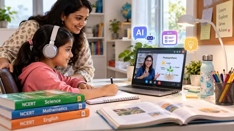 Indian student attending an online class with a parent at a home study desk, using digital learning tools, textbooks, and headphones.