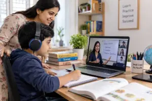 Indian schoolboy attending an online class with laptop, headphones, notebook, and parent support at a bright study desk.