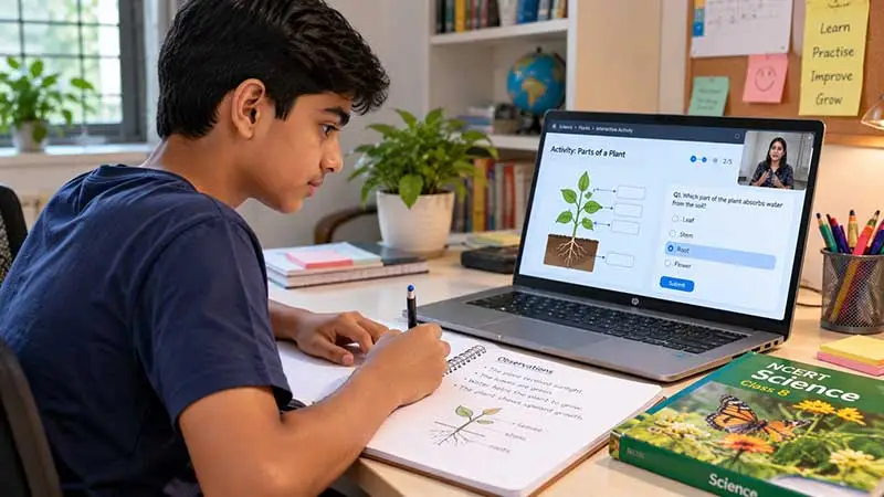 Indian student completing an online science activity, writing observations beside a laptop and NCERT Science textbook.