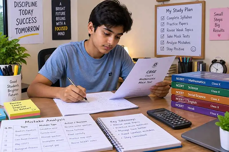 Indian student reviewing a CBSE mock test with NCERT textbooks, calculator, handwritten notes, and a mistake-analysis checklist.