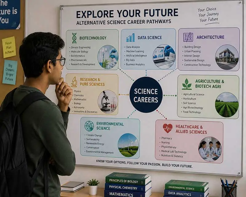 Indian college student exploring alternative Science career pathways on a career map featuring biotechnology, data science, research, and healthcare