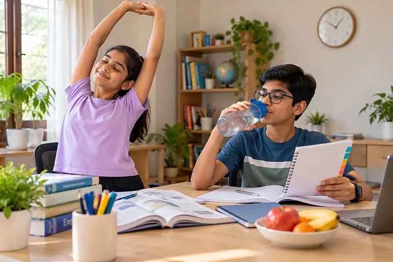 Indian students taking a healthy study break with stretching, hydration, notebooks, textbooks, and a calm home learning environment.