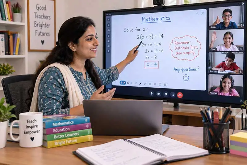 Indian teacher conducting an interactive online Mathematics class with students using a digital whiteboard, laptops, and notebooks.