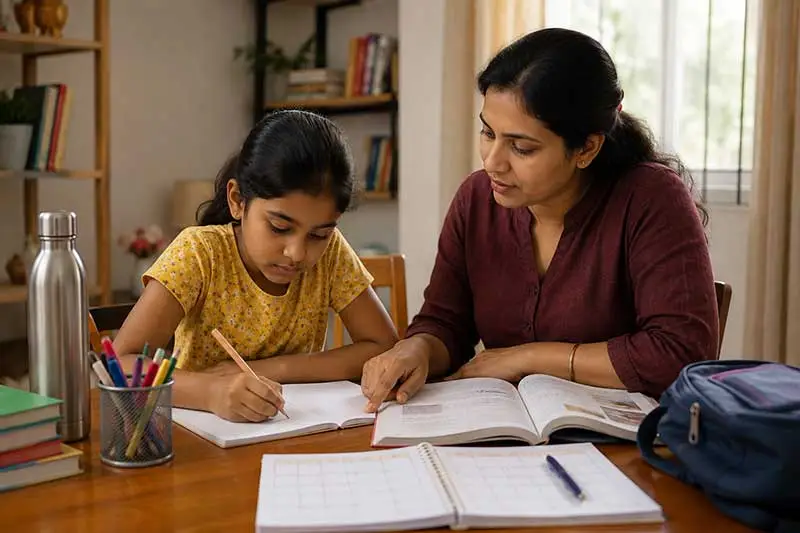 Indian mother helping daughter with schoolwork at home while encouraging independent learning