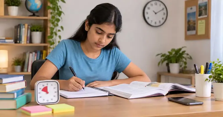 Indian school student using a timer while studying at an organized desk with books, notebook, and smartphone away