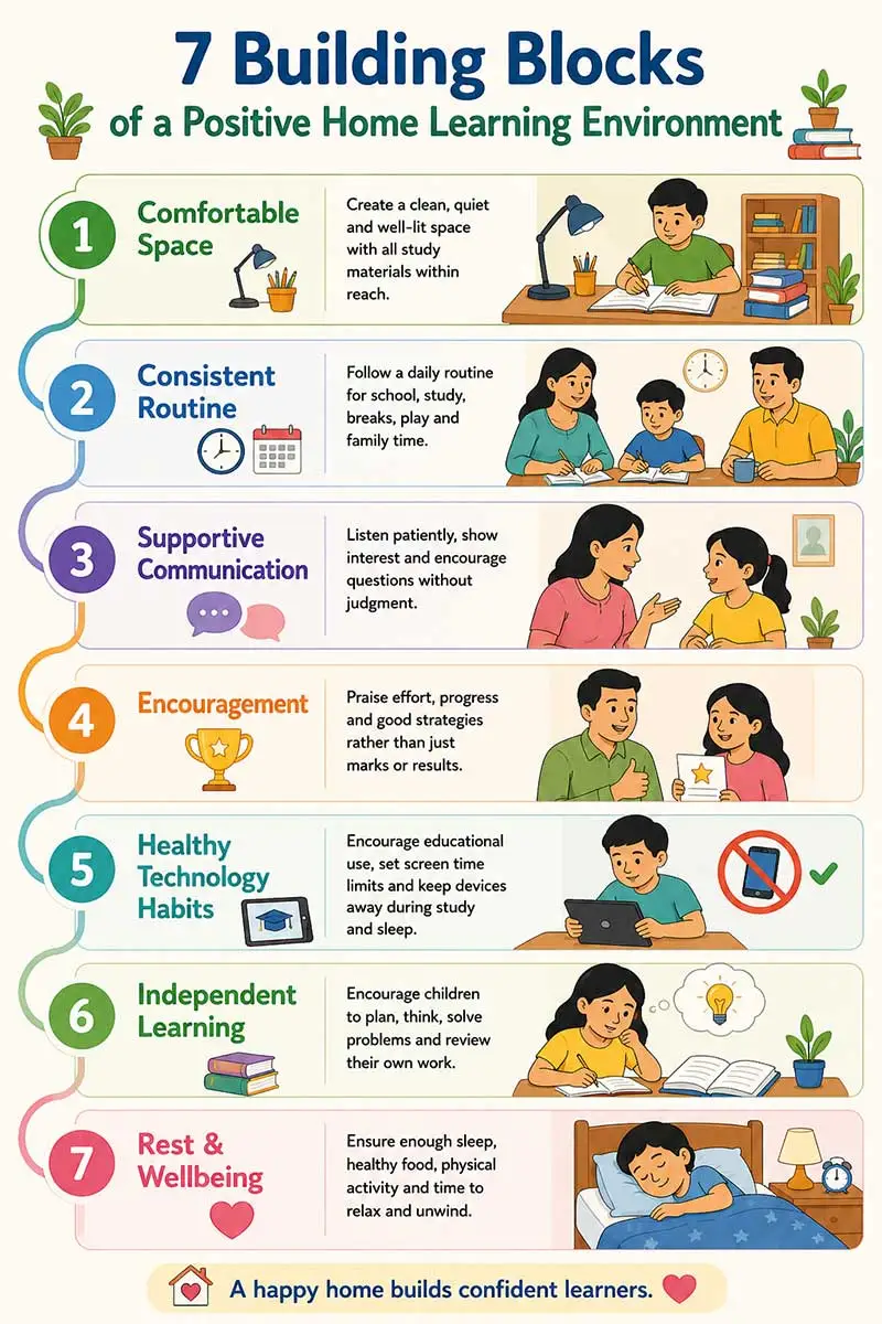 Seven building blocks for creating a positive home learning environment, including routines, communication, technology, independence, and wellbeing