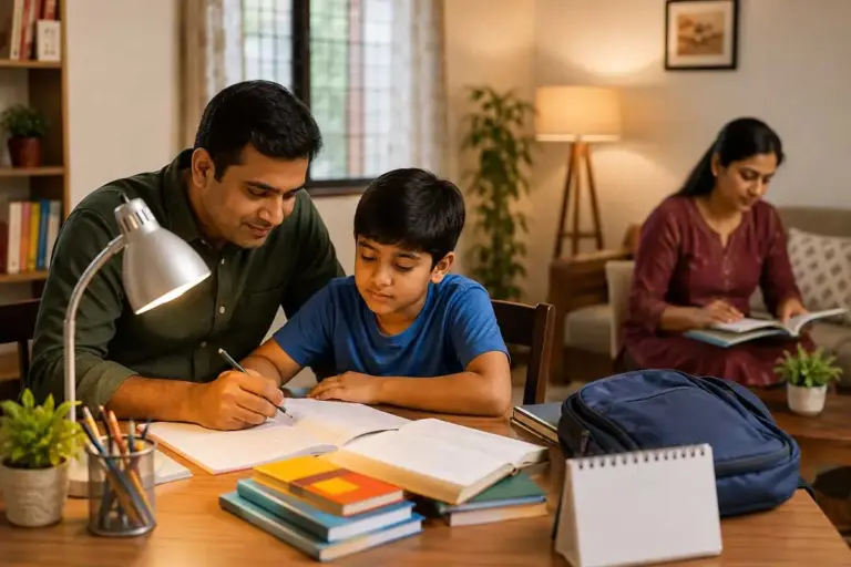 Indian parents supporting a child with homework in a warm, organised home learning environment