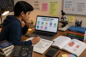 Indian Class 12 science student exploring career options beyond NEET and JEE on a laptop
