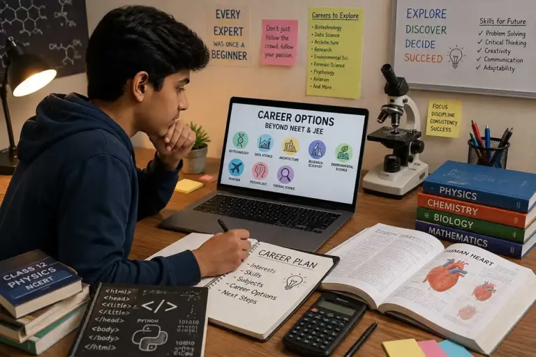 Indian Class 12 science student exploring career options beyond NEET and JEE on a laptop