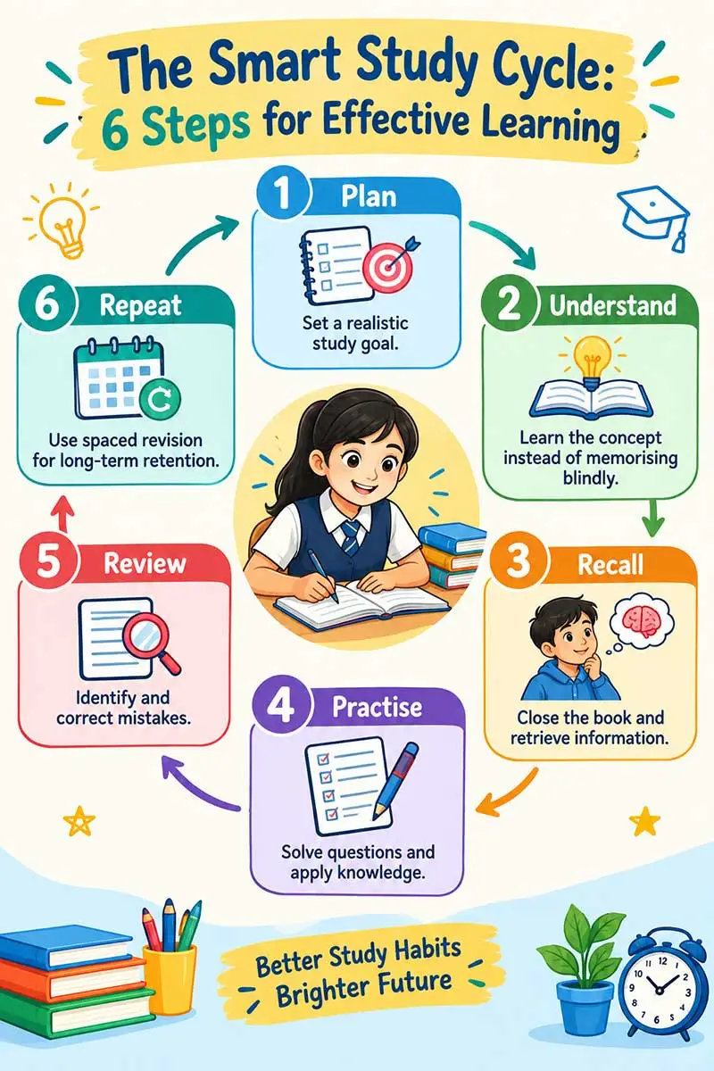 Smart study cycle infographic showing six steps: plan, understand, recall, practise, review, and repeat for effective learning