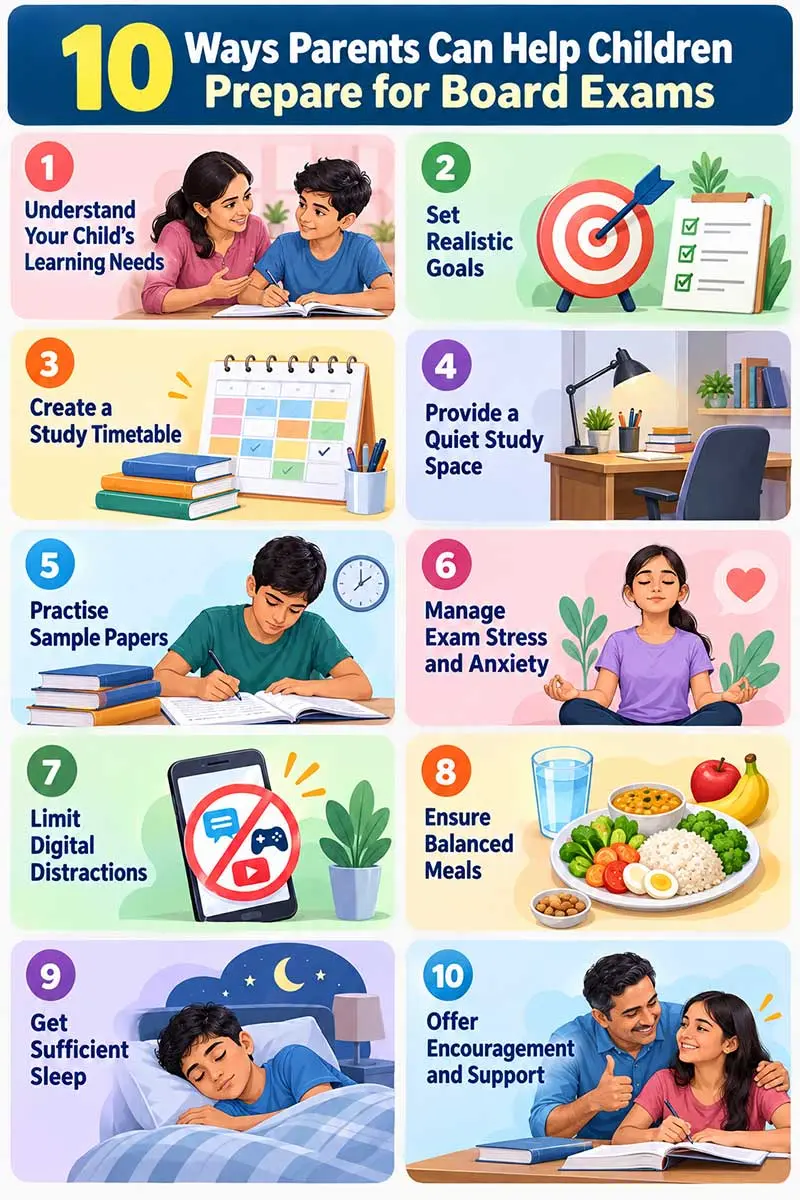 10 ways parents can help children prepare for board exams with study plans, stress management, healthy habits, and encouragement