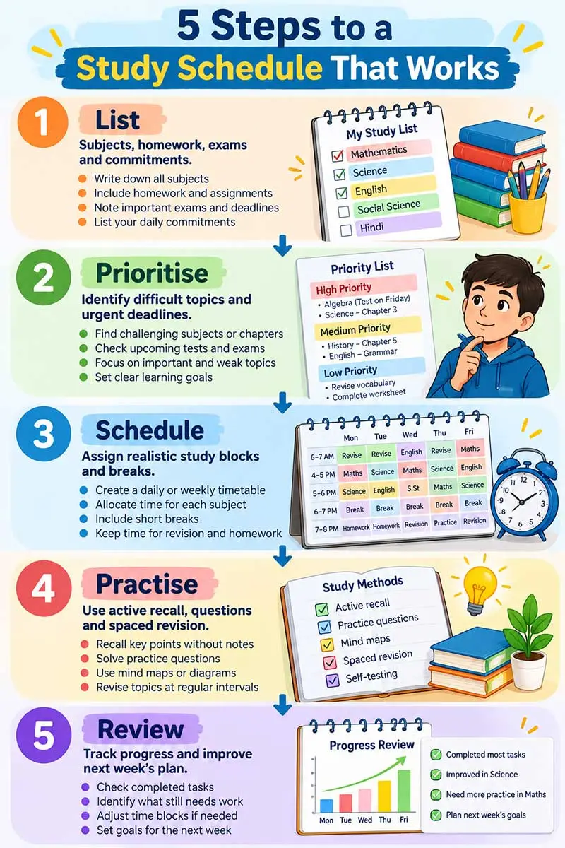 5 steps to create an effective study schedule for students, including prioritising subjects, time management, revision, and progress tracking.