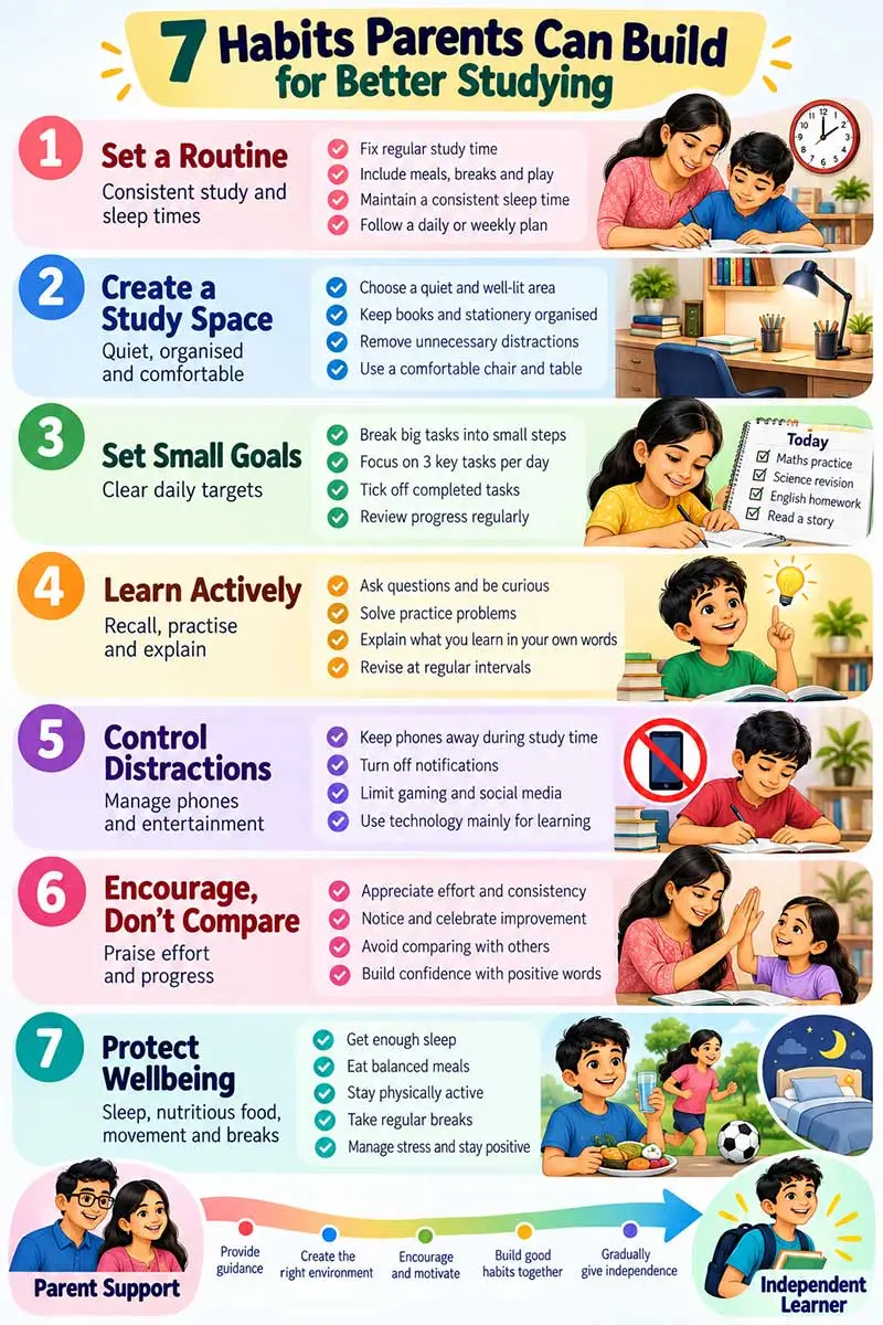 7 habits parents can build for better studying, including routines, active learning, motivation, distraction control, and wellbeing