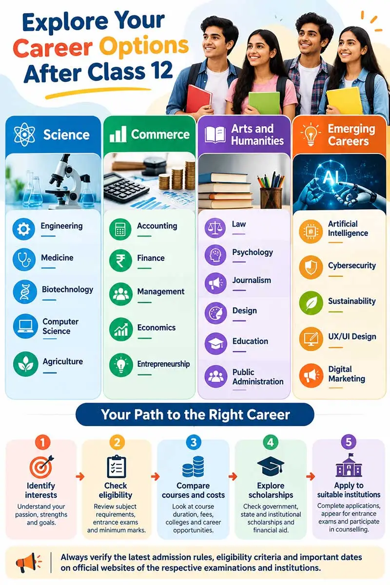 Career options after Class 12 infographic showing Science, Commerce, Arts, emerging careers, and a five-step career planning guide.