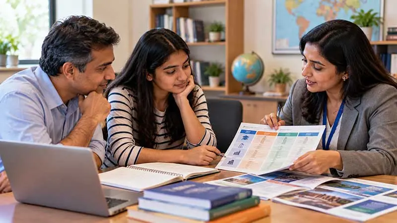 Indian student discussing career options, college fees, entrance exams, and scholarships with a parent and school counsellor.