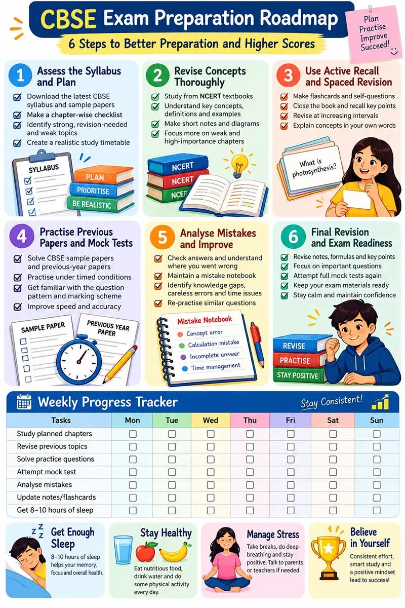 CBSE exam preparation roadmap infographic with six study steps, weekly progress tracker, revision tips, mock tests, and sleep reminders.