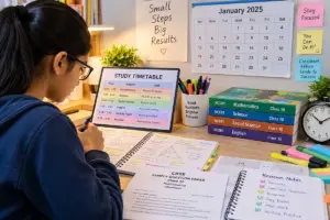 Indian student preparing for CBSE exams with NCERT textbooks, revision notes, sample papers, and a study timetable.