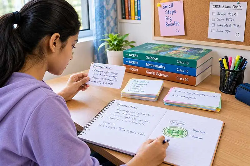 Indian student using flashcards and handwritten notes for active recall and CBSE exam revision.