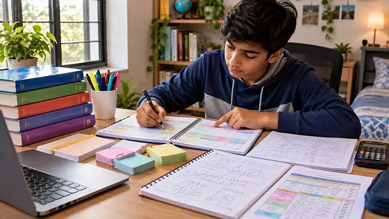 Indian student reviewing a weekly study planner, NCERT textbooks, Mathematics worksheets, flashcards, and mock test analysis at home.