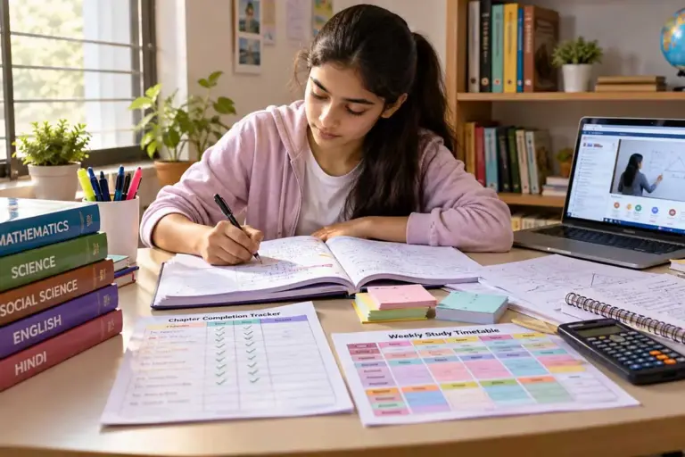 Indian student studying with NCERT textbooks, worksheets, revision flashcards, study planner, and laptop at home.