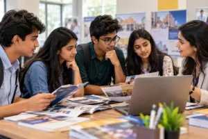 Indian Class 12 students exploring career options with a counsellor using college brochures and a laptop.