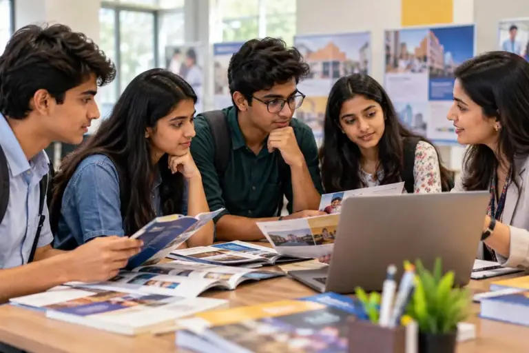 Indian Class 12 students exploring career options with a counsellor using college brochures and a laptop.