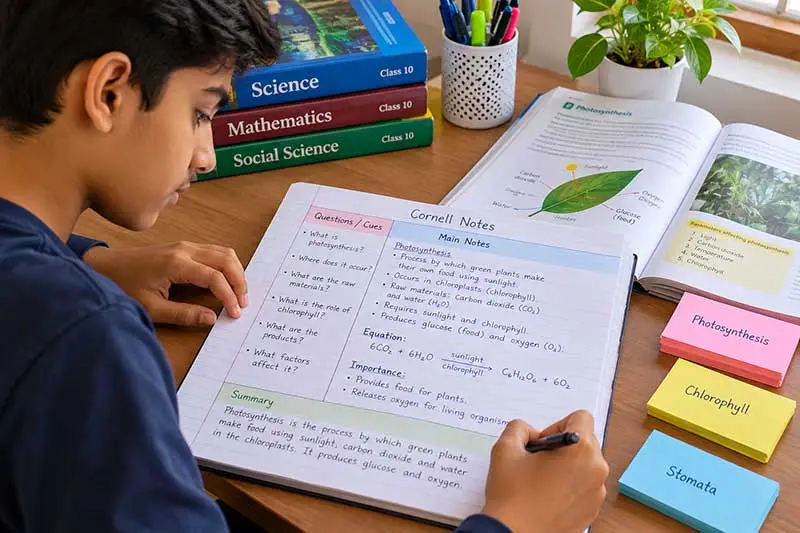 Indian student using the Cornell note-taking method with organized notes, science textbook, and revision flashcards.
