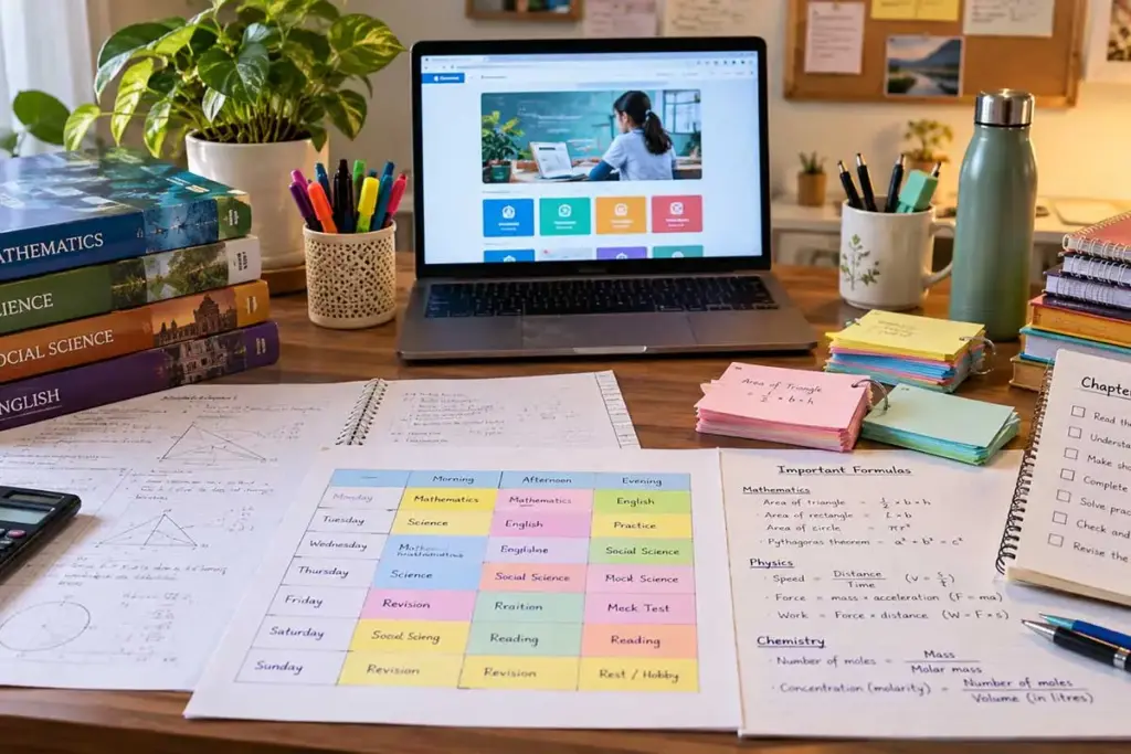 Free educational resources for CBSE students featuring textbooks, worksheets, study timetable, maths formula sheet, flashcards, and laptop.