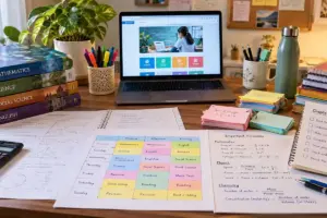 Free educational resources for CBSE students featuring textbooks, worksheets, study timetable, maths formula sheet, flashcards, and laptop.